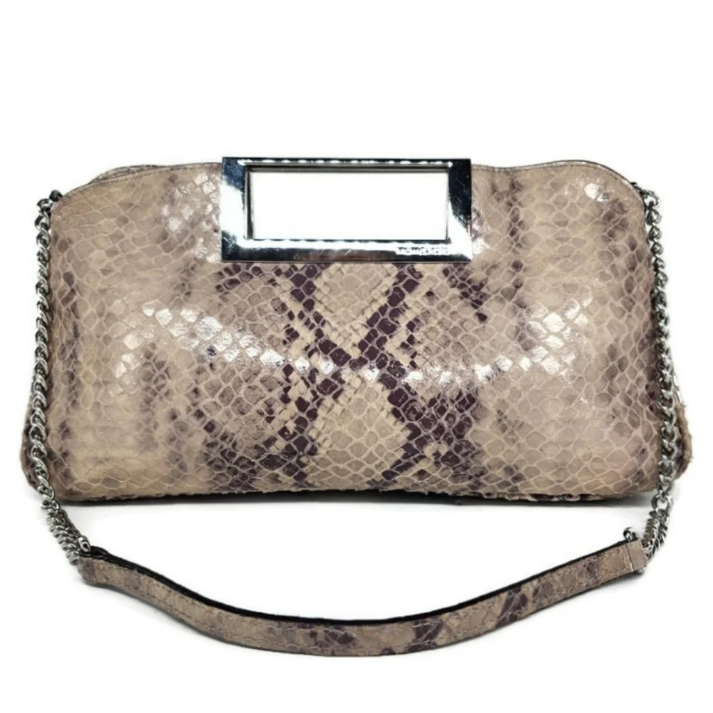 Michael Kors Berkley Pearl Grey & Cream Python Leather Clutch Or Shoulder Bag - Picture 3 of 16